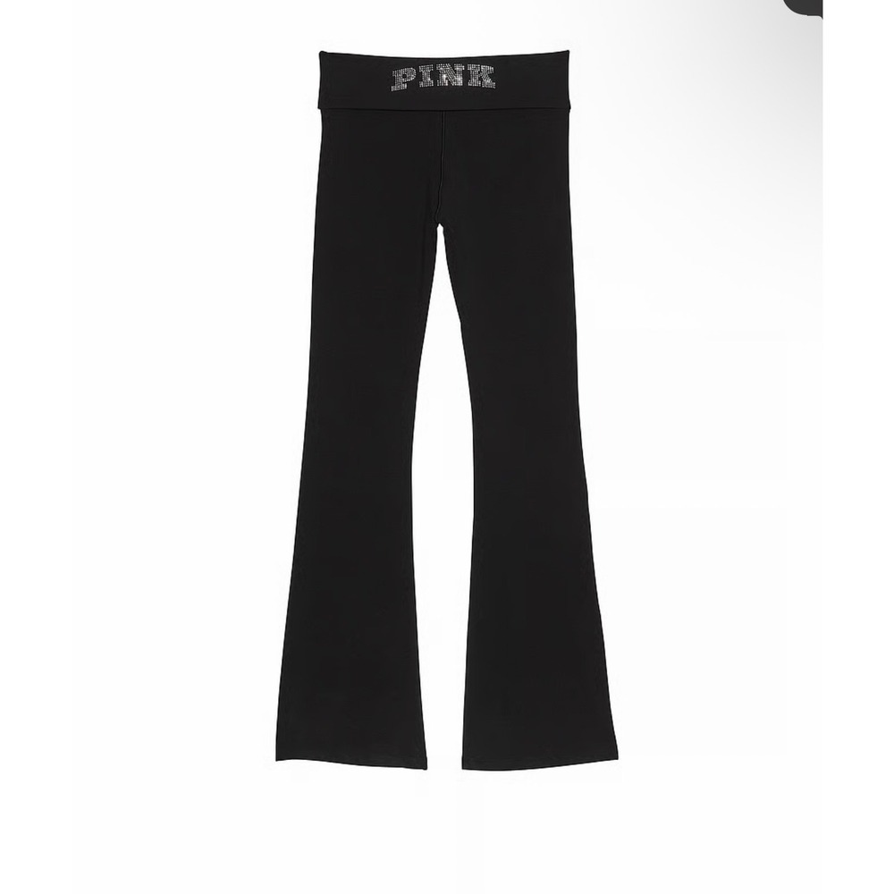 Victoria's Secret PINK Black Rhinestone Foldover Flare Yoga Pants Bootcut Size M - Picture 2 of 10